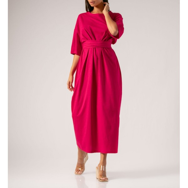 [OS] Φόρεμα maxi κοντομάνικο με ζώνη Φούξια