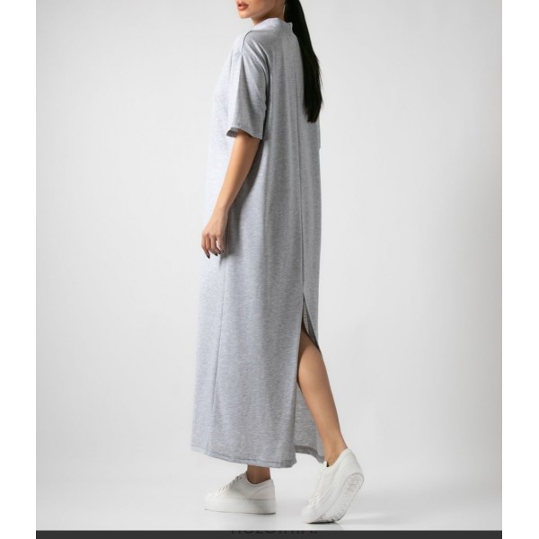 [S/M] Φόρεμα maxi βαμβακερό κοντομάνικο με ριπ λουπέτο Γκρι μελανζέ light