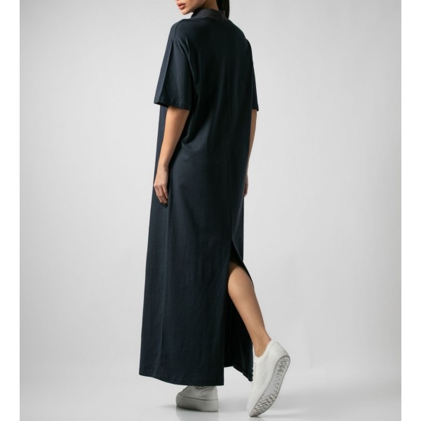 [M/L] Φόρεμα maxi βαμβακερό κοντομάνικο με ριπ λουπέτο Ανθρακί