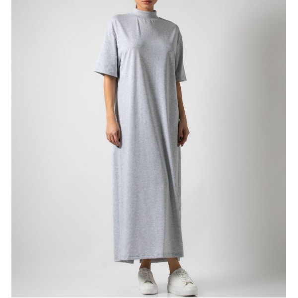 [M/L] Φόρεμα maxi βαμβακερό κοντομάνικο με ριπ λουπέτο Γκρι μελανζέ light